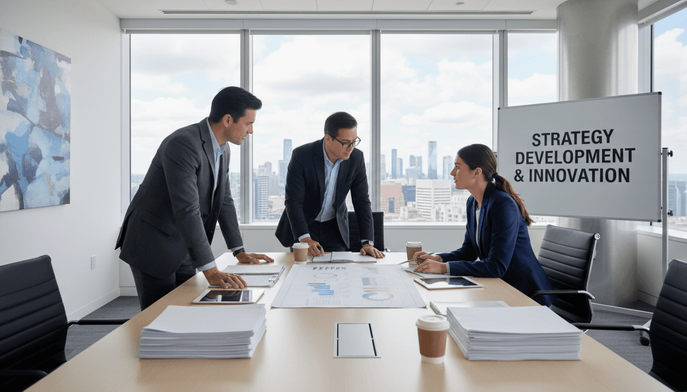 Two business consultants reviewing process charts and documents at a conference table