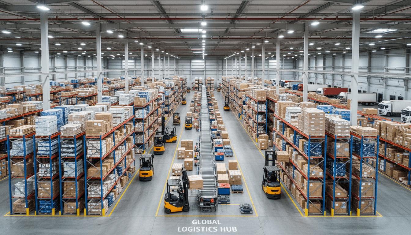 Aerial view of a modern warehouse with organized shelving and a forklift