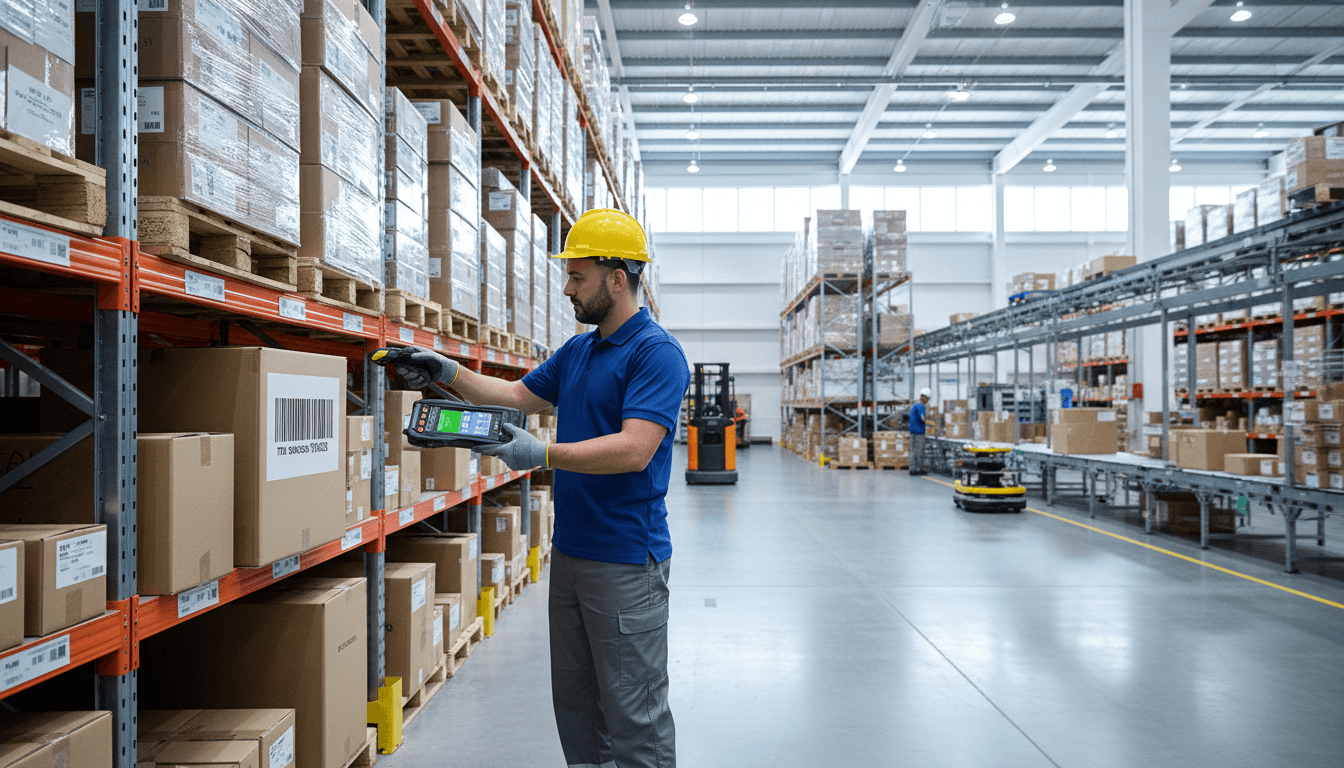 Warehouse worker scanning a barcode on a shelf with a handheld scanner
