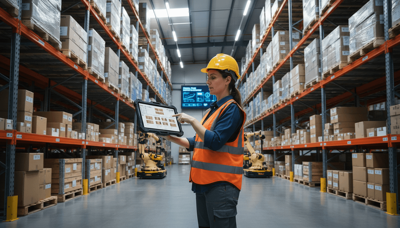 Warehouse manager reviewing tablet inventory shelves background