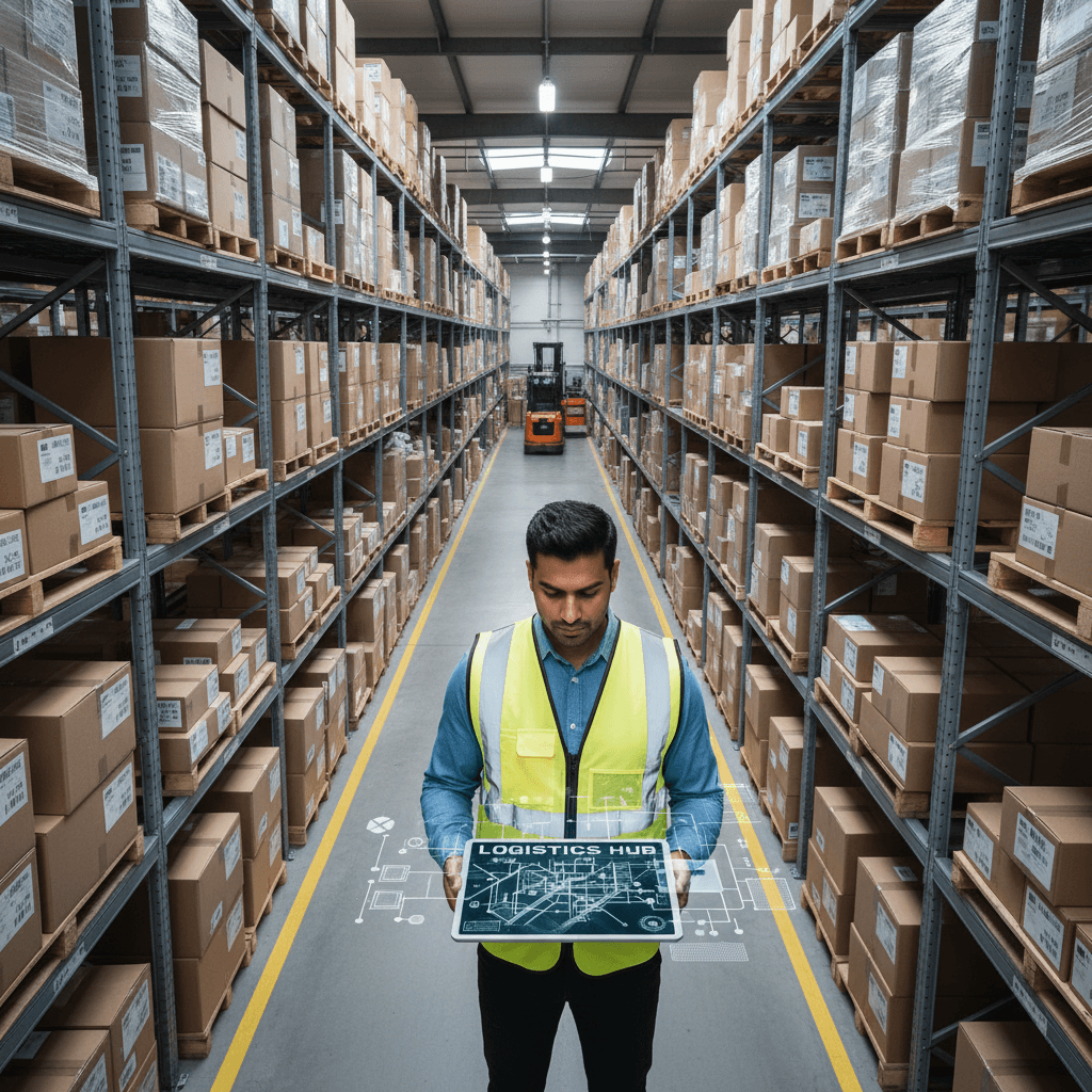 Warehouse manager reviewing a digital tablet with a worker in a modern distribution facility