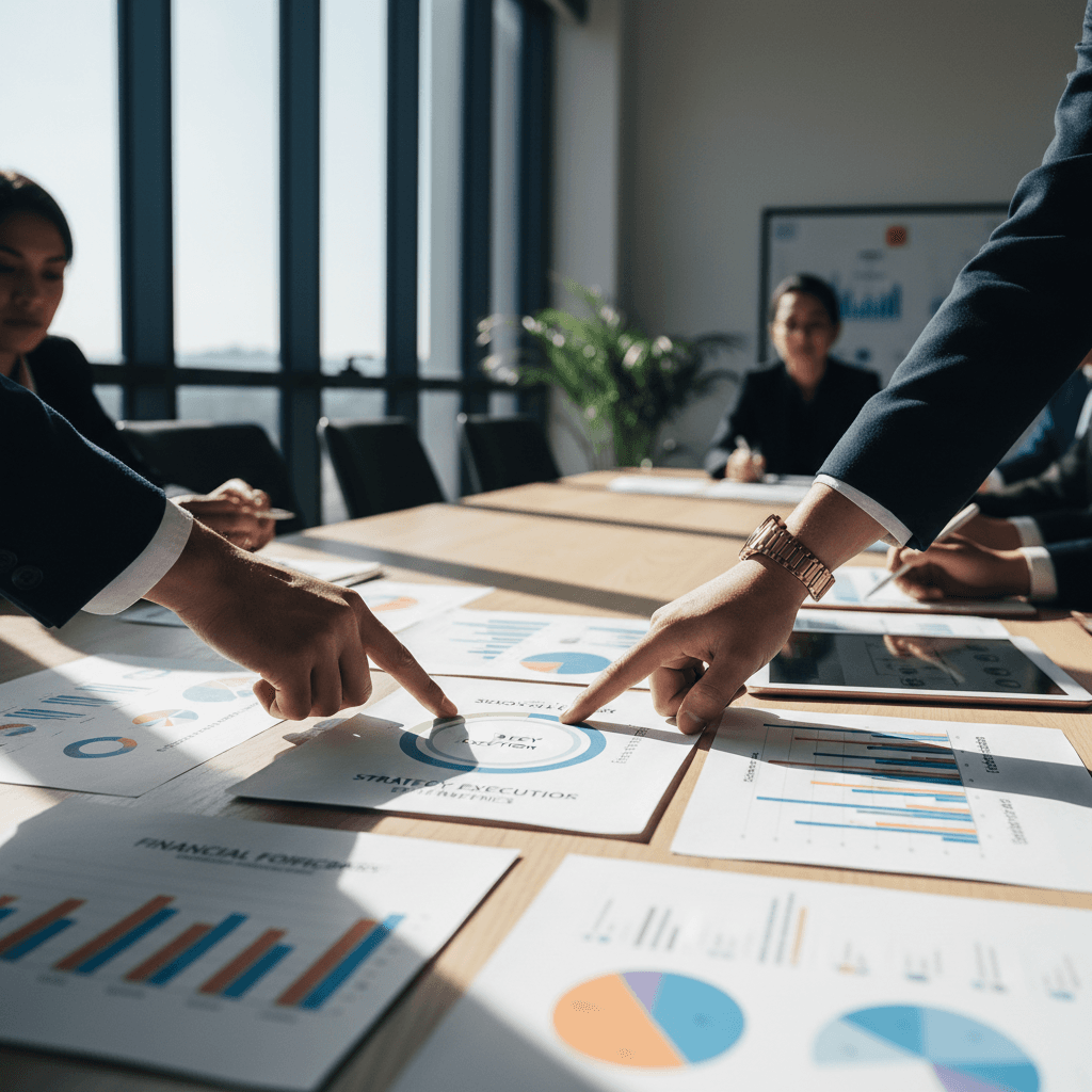 Business consultant reviewing operational charts and data in a modern office