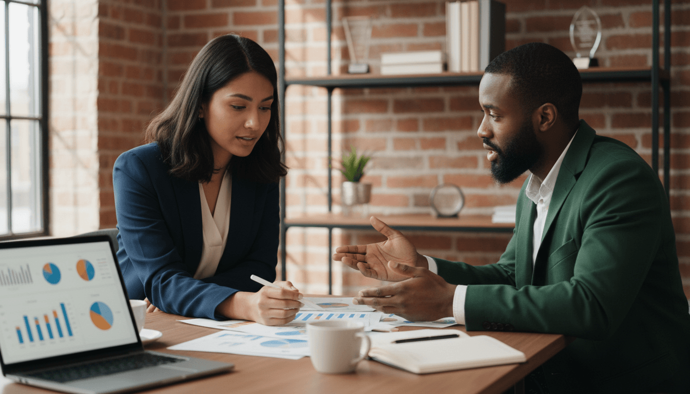 Consultant discussing business strategy documents with a client in a bright modern office