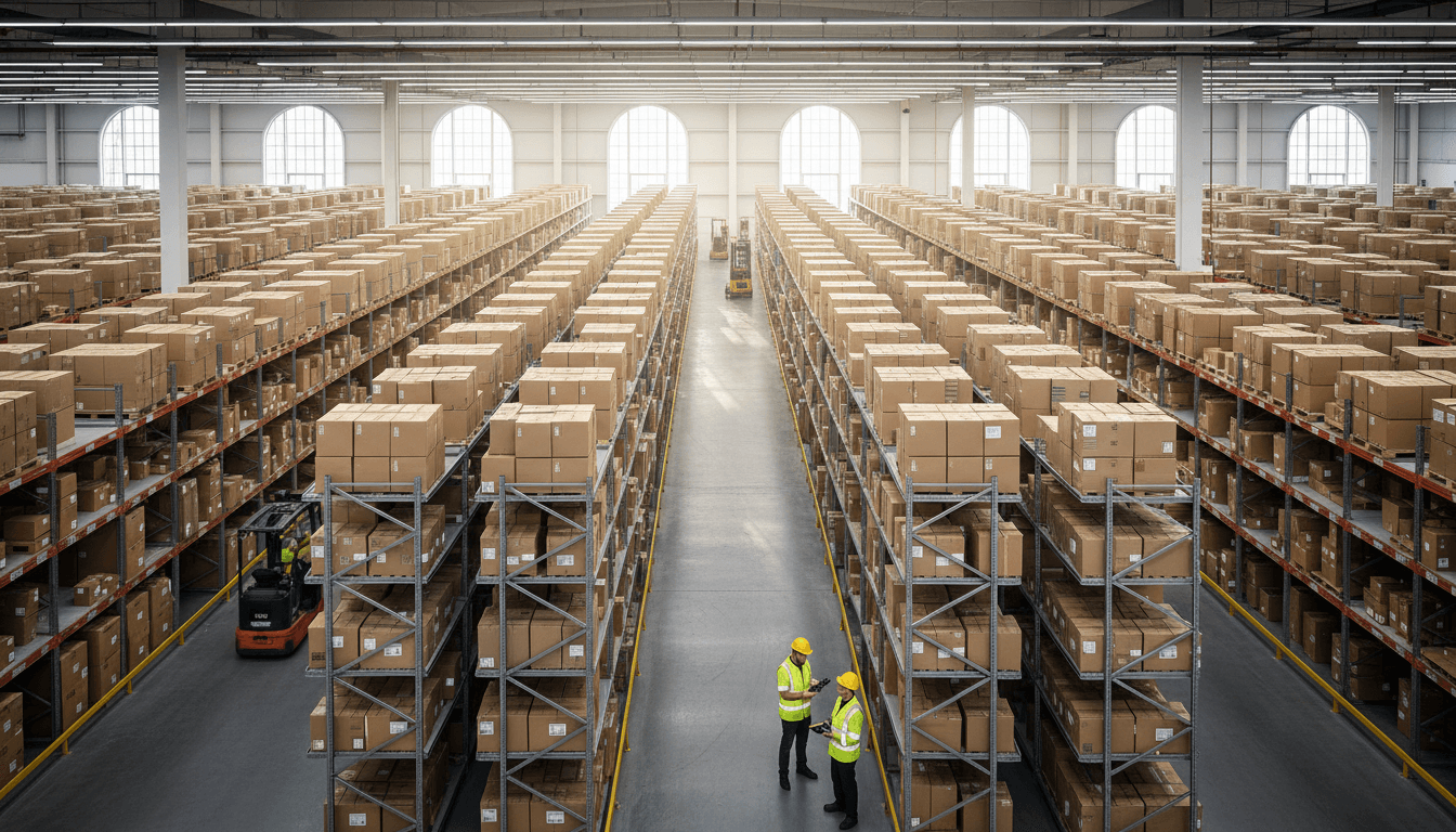 Warehouse shelves stacked with inventory in a distribution center