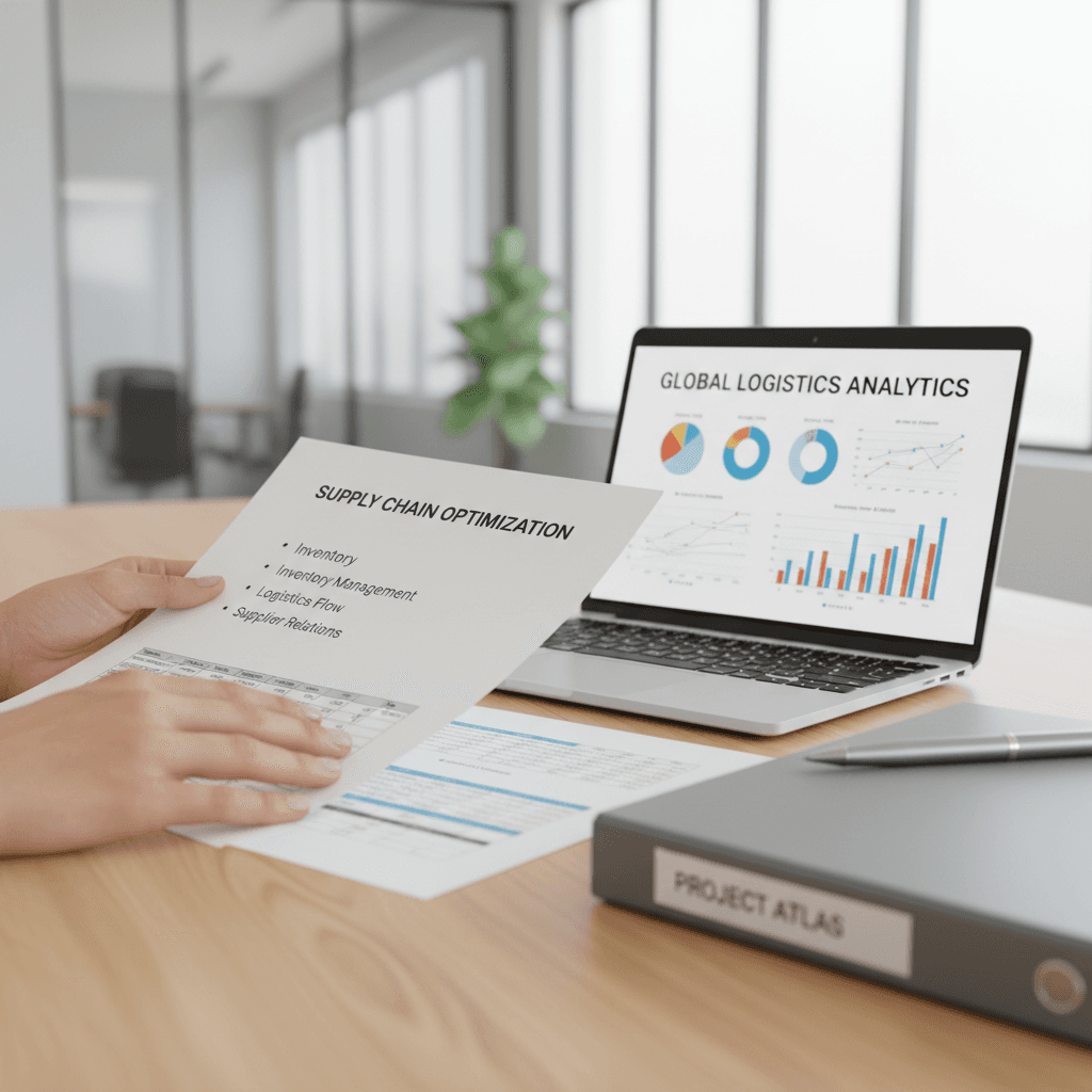 Business consultant reviewing supply chain documents in a modern office