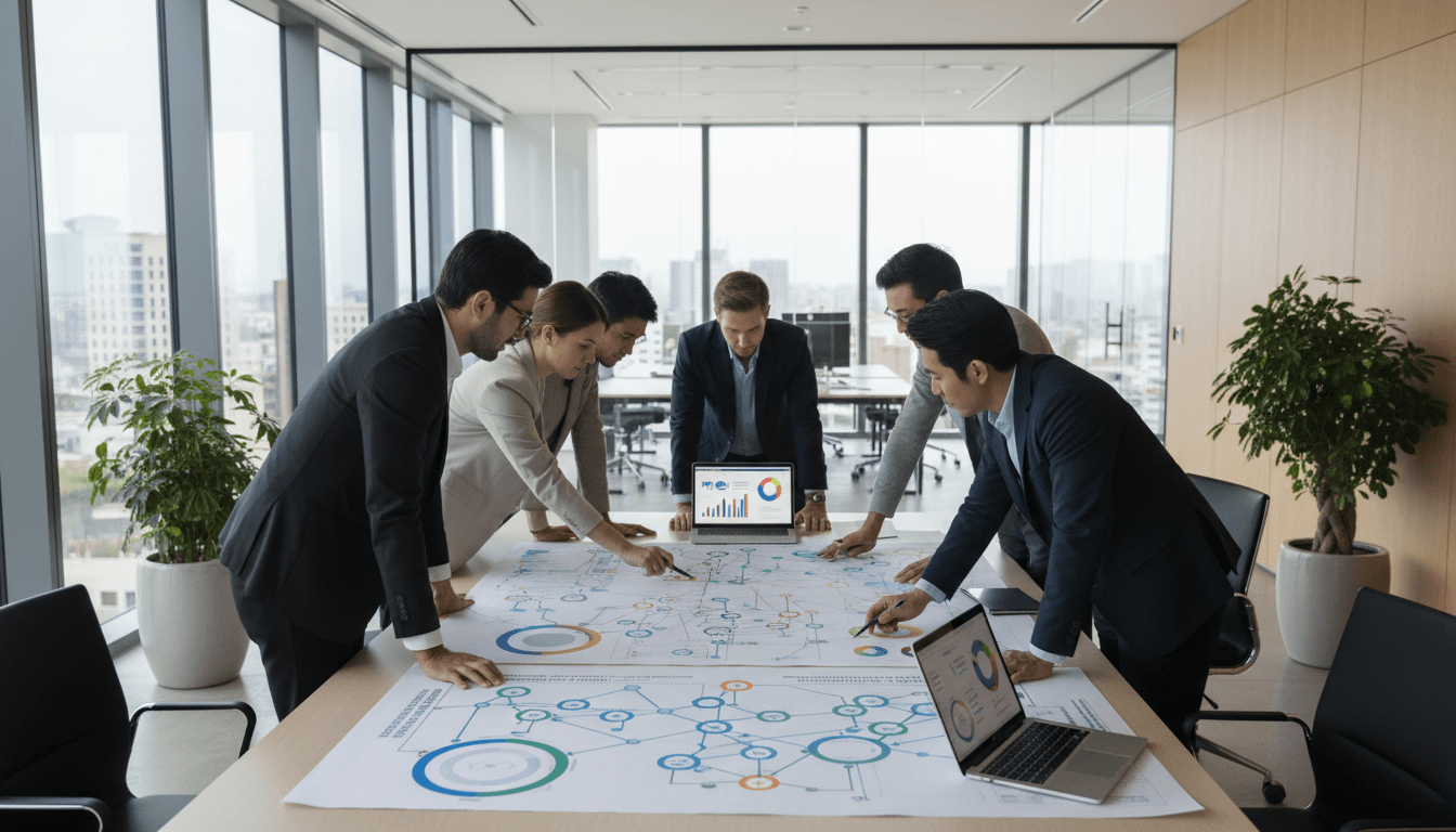 Professional consultants reviewing supply chain diagrams in a bright modern meeting room