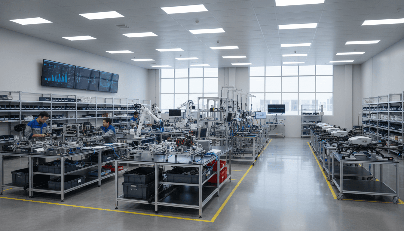 Warehouse with automated systems and computer monitors