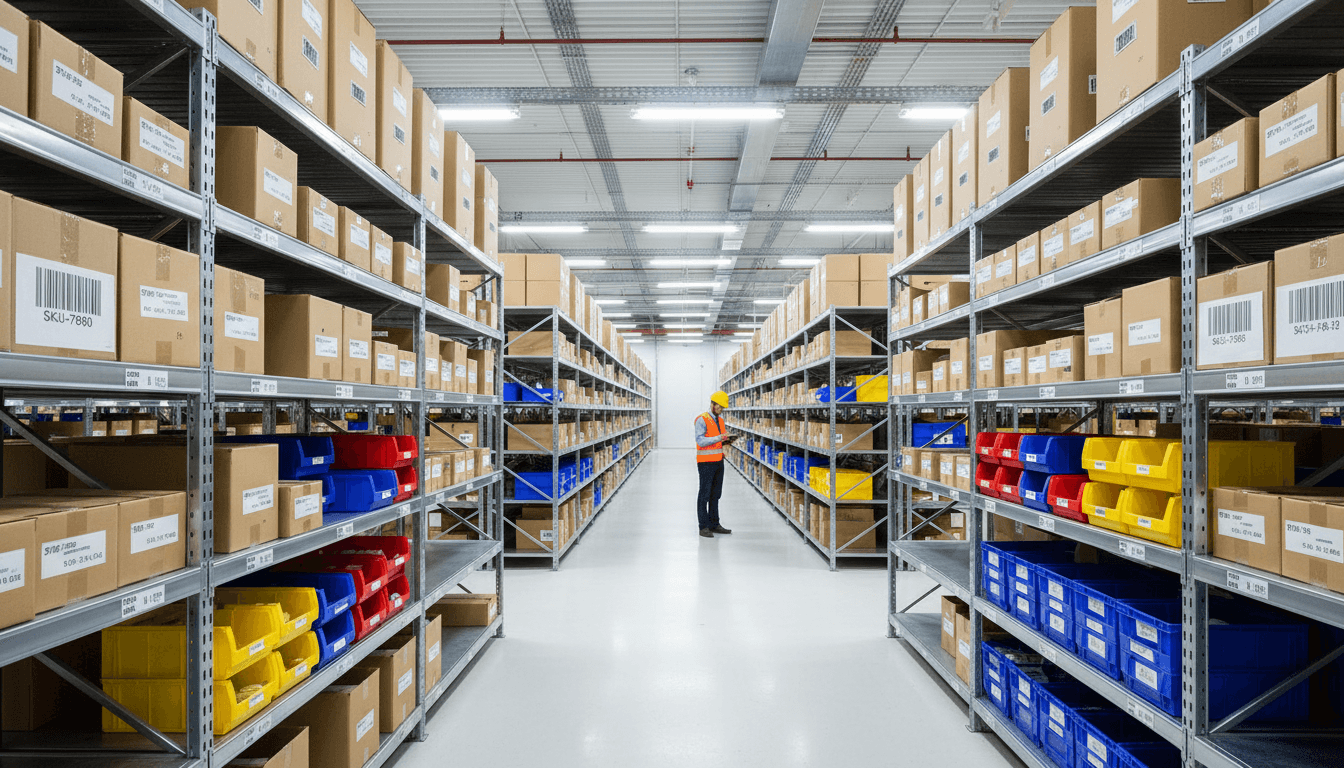 Modern warehouse with organized shelves and worker in background