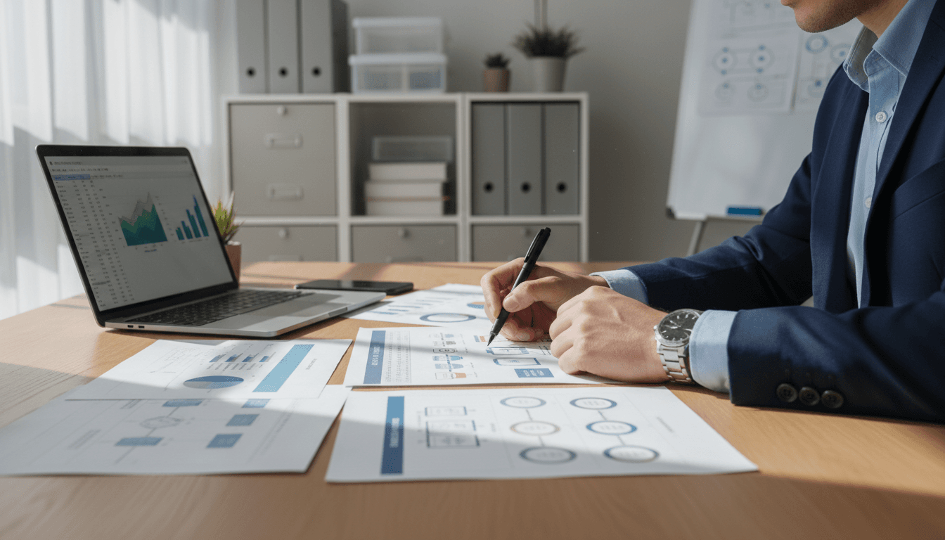 Professional consultant reviewing production workflow charts in a modern office